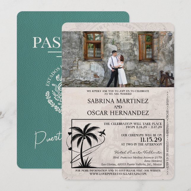 Türkis Puerta Vallarta Pass Hochzeit Einladung (Vorne/Hinten)