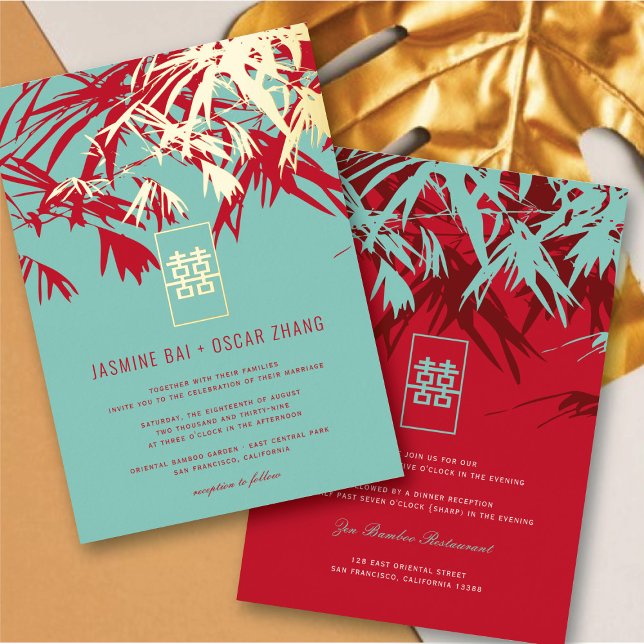 Türkis & Red Zen Bamboo Blätter Chinesische Hochze Folieneinladung (Turquoise & Red Zen Bamboo Leaves Chinese Wedding Foil Invitation @ fatfatin_red_knot)