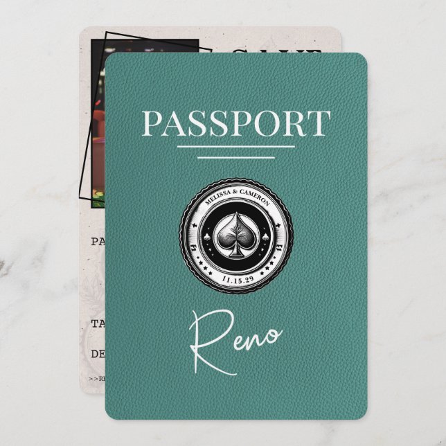 Türkis Reno Passport Save the Date (Vorne/Hinten)