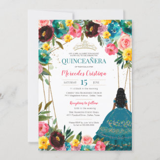 Türkis Rosa Gelbe Fiesta Blumenkohl Quinceanera in Einladung