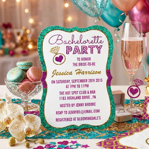 Türkis, Rosa & Gold Glitter Junggesellinnenabschie Einladung