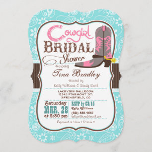 Türkis, Rosa und Braun-Cowgirl-Brautparty Einladung
