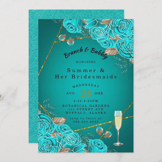 Türkis Rose Gold Bridesmaids Luncheon Einladung (Vorne/Hinten)