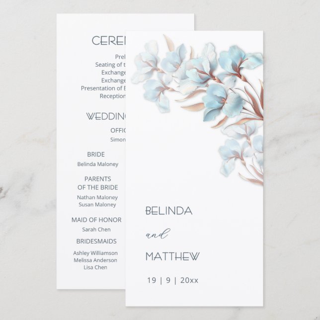 Türkis-Roségold-Blumen | Hochzeitsprogramm (Vorne/Hinten)
