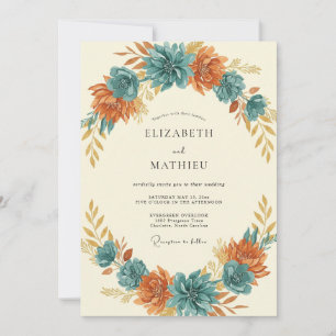 Türkis-Rost-Blüten-Hochzeit Einladung