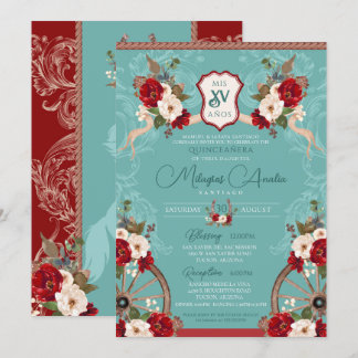 Türkis & Rot Elegantes Barock Charra Quinceñera Einladung