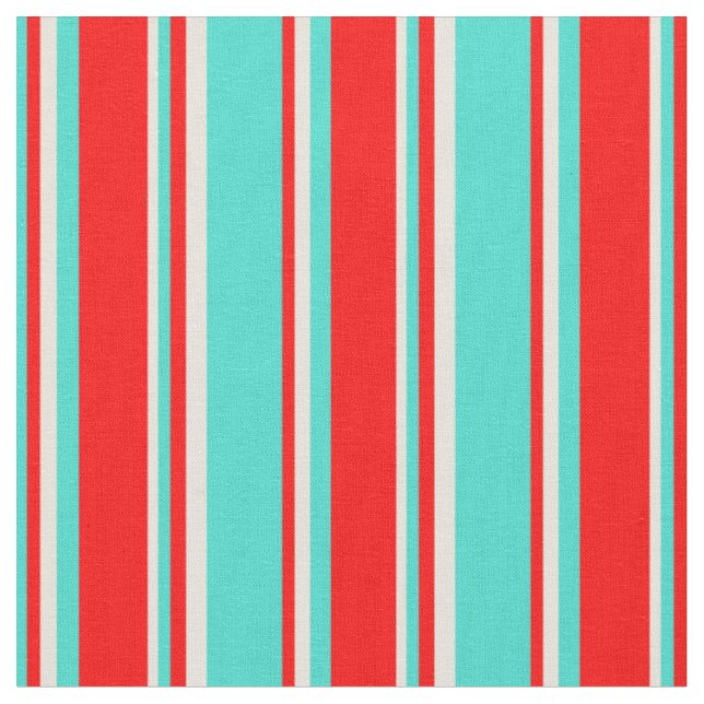 Türkis, Rot und Beige farbige Linien Stoff (Nahaufnahme)