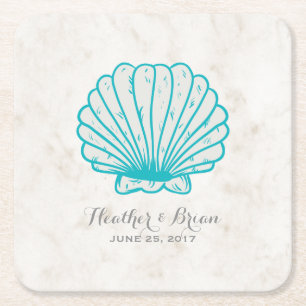 Türkis Rustic Seashell Wedding Rechteckiger Pappuntersetzer