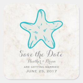 Türkis Rustikaler Starfish Save the Date Quadratischer Aufkleber