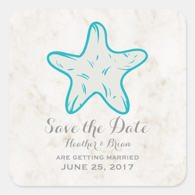 Türkis Rustikaler Starfish Save the Date Quadratischer Aufkleber (Vorderseite)