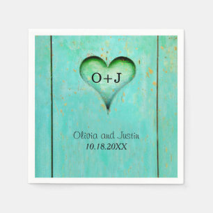 Türkis Rustikales Holz Mit Monogramm Herz Serviette