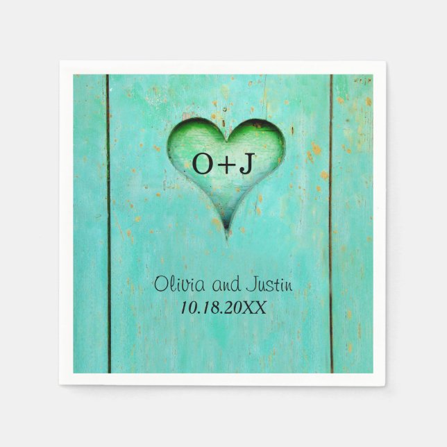 Türkis Rustikales Holz Mit Monogramm Herz Serviette (Vorderseite)