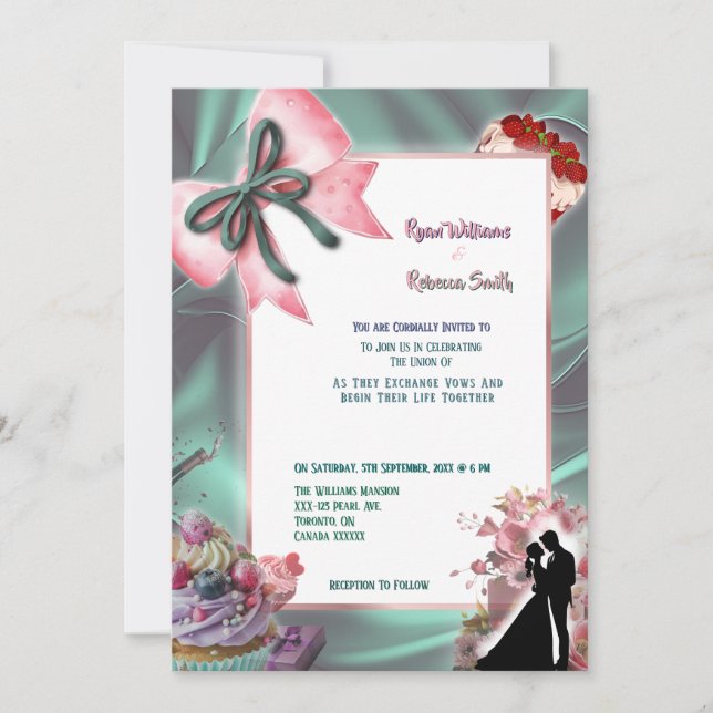 Türkis Satin & Rosa Schleife Hochzeitseinladung Einladung (Vorderseite)