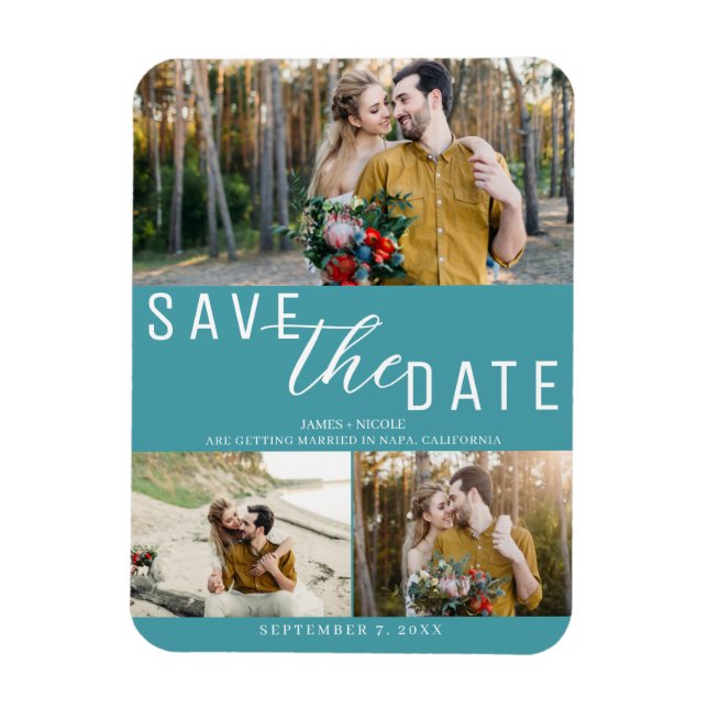 Türkis Save the Date Hochzeit 3 Fotos Magnet (Vertikal)