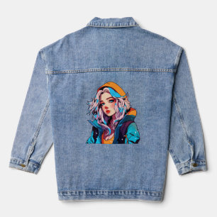 Türkis-Schönheit: Handgezeichnetes Anime-Mädchen Jeansjacke