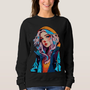 Türkis-Schönheit: Handgezeichnetes Anime-Mädchen Sweatshirt