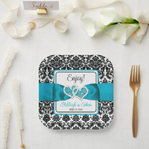 Türkis, Schwarz-Damast-Liebe Hört Hochzeit Pappteller