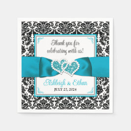 Türkis, Schwarz-Damast-Liebe Hört Hochzeit Serviette