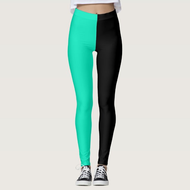 Türkis Schwarz Zwei-Tone-Split Halbdesign Leggings (Vorderseite)