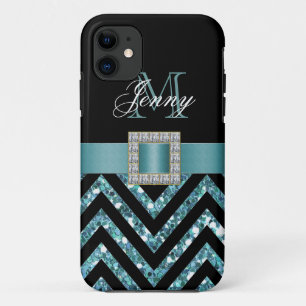TÜRKIS SCHWARZER CHEVRON GLITTER MÄDCHENHAFT iPhone 11 HÜLLE