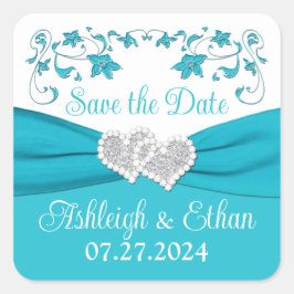 Türkis, Silberne Liebe Herz Hochzeitsticker Quadratischer Aufkleber