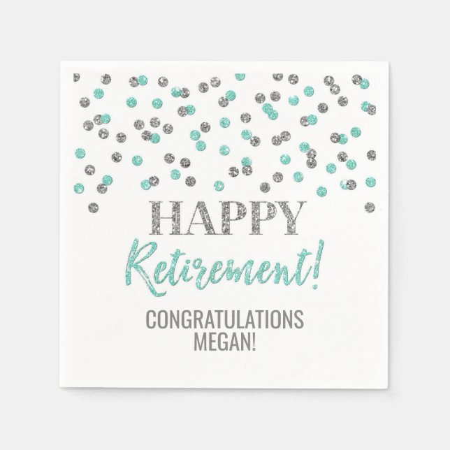 Türkis Silver Confetti Happy Rentirement Serviette (Vorderseite)