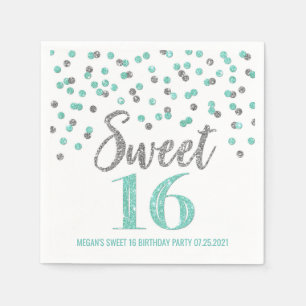 Türkis Silver Confetti Sweet 16 Geburtstag Serviette