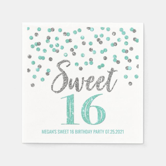 Türkis Silver Confetti Sweet 16 Geburtstag Serviette (Vorderseite)