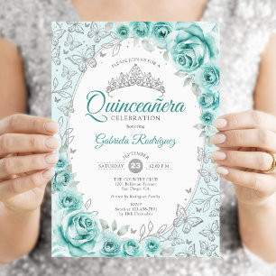 Türkis Silver Floral Quinceanera Einladung