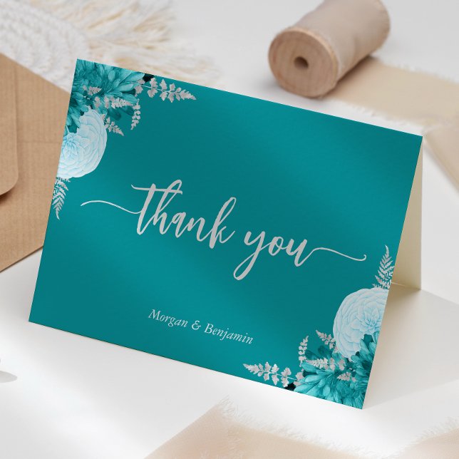 Türkis Silver Floral Script Wedding Dankeskarte (Von Creator hochgeladen)