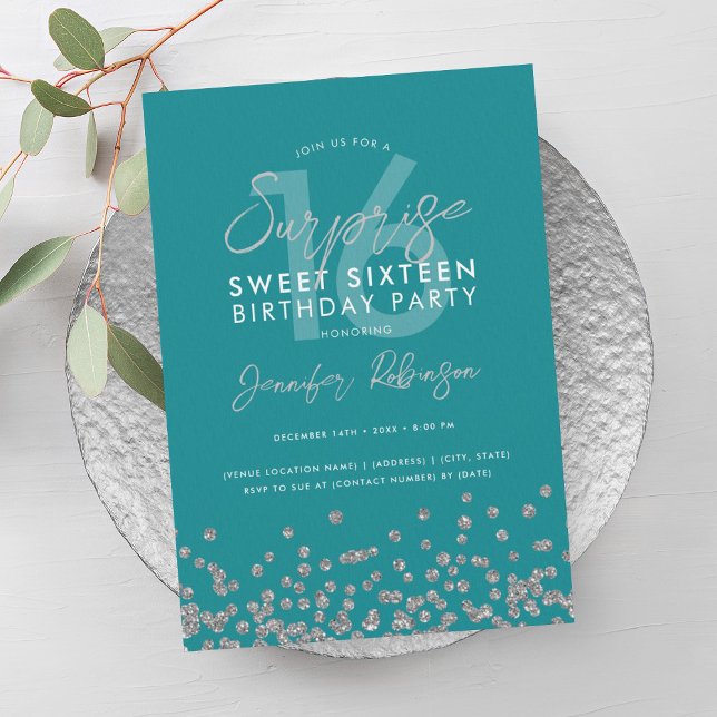 Türkis Silver Glitzer Überraschung Sweet 16 Einladung (Turquoise Silver Glitter Surprise Sweet 16 Invitation)