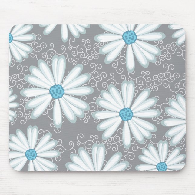 Türkis Silver White Wild Daisy Floral Muster Mousepad (Vorne)
