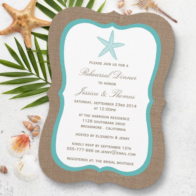 Türkis Starfish Burlap Beach Probe Dinner Einladung (Von Creator hochgeladen)