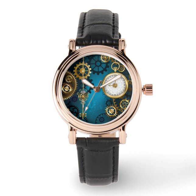 Türkis-Steampunkirche Hintergrund mit Gears Armbanduhr (Vorderseite)