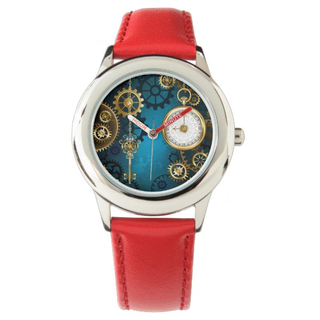 Türkis-Steampunkirche Hintergrund mit Gears Armbanduhr (Vorderseite)