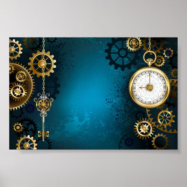 Türkis-Steampunkirche Hintergrund mit Gears Poster (Vorne)