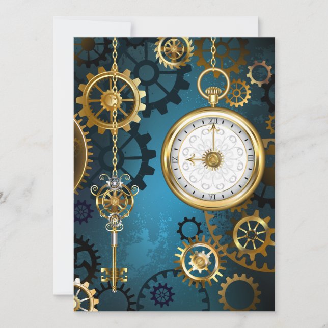 Türkis-Steampunkirche Hintergrund mit Gears Save The Date (Vorderseite)