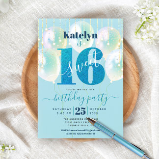 Türkis Sweet 16 Birthday Balloon Glitzer Script Einladung