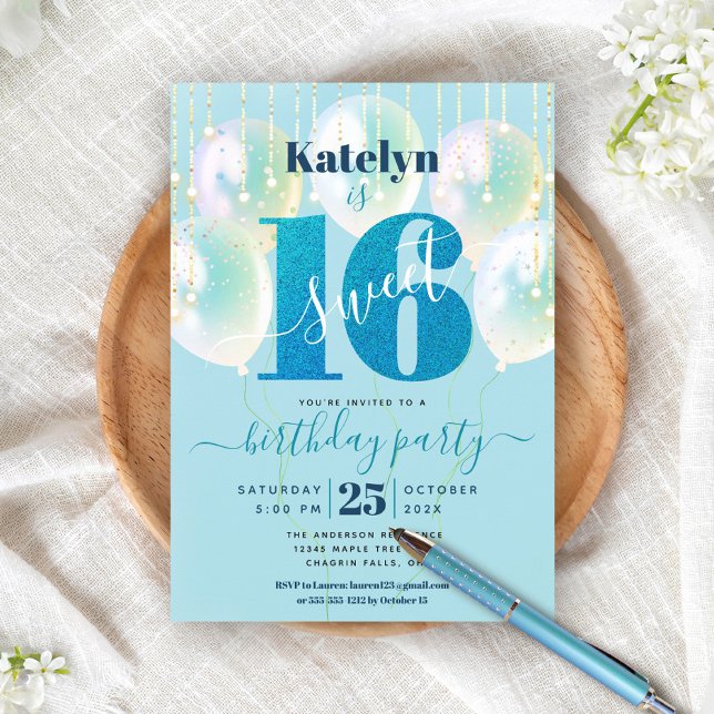 Türkis Sweet 16 Birthday Balloon Glitzer Script Einladung (Von Creator hochgeladen)