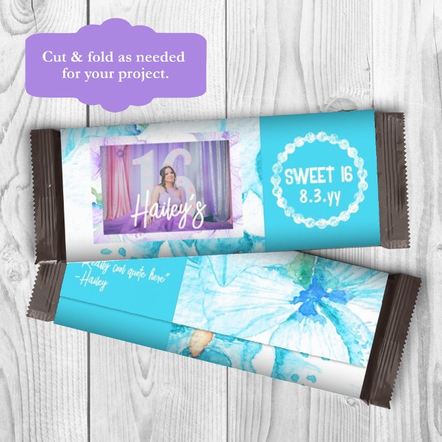 Türkis Sweet 16 Personalisiert Candy Bar Wrapper Flyer (teal-blue sweet 16 personalized chocolate candy bar wrapper, birthday photo and name custom label)