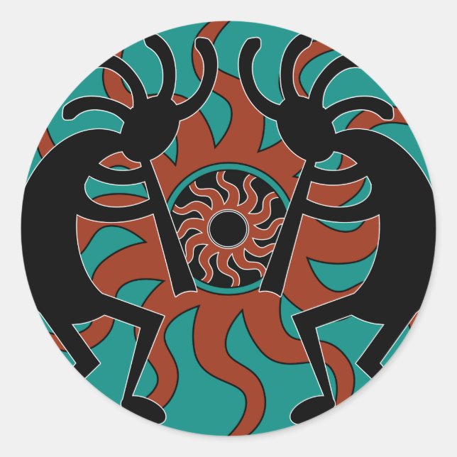 Türkis Tribal Sun Southwest Kokopelli Runder Aufkleber (Vorderseite)
