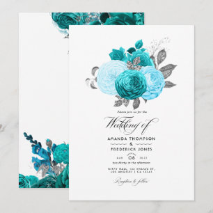 Türkis - Türkis und Silber Hochzeit mit Blumenmust Einladung