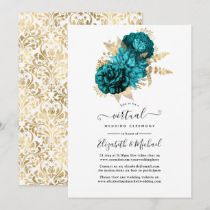 Türkis - Türkisblaue und Goldene Florale Hochzeit Einladung