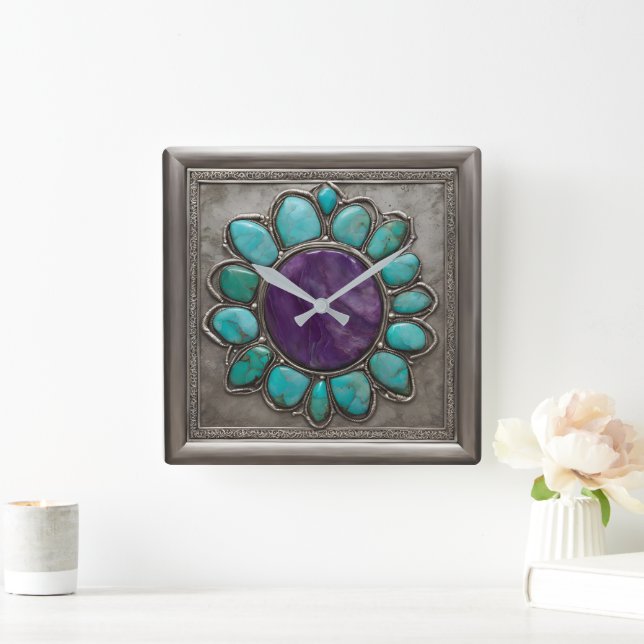 Türkis und Amethyst Jewel Toned Quadratische Wanduhr (Zuhause)