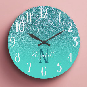 Türkis und Aquamariner Glitzer Ombre Monogram Große Wanduhr