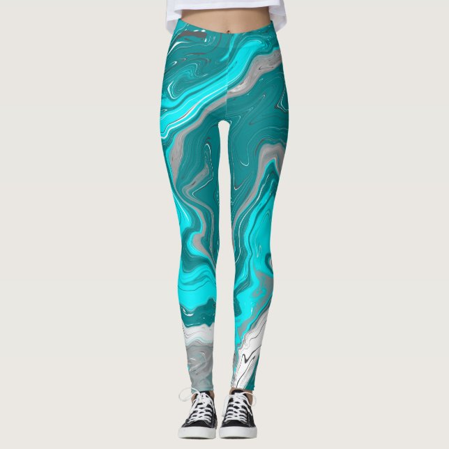 Türkis und Aquamarines Marmorwasser Kunst Leggings (Vorderseite)