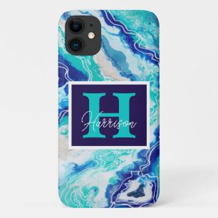 Türkis und Blauer Marmor Monogram Name Beachy Case-Mate iPhone Hülle