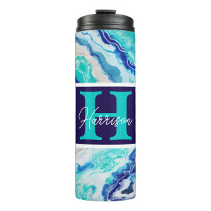 Türkis und Blauer Marmor Monogram Name Beachy Thermosbecher
