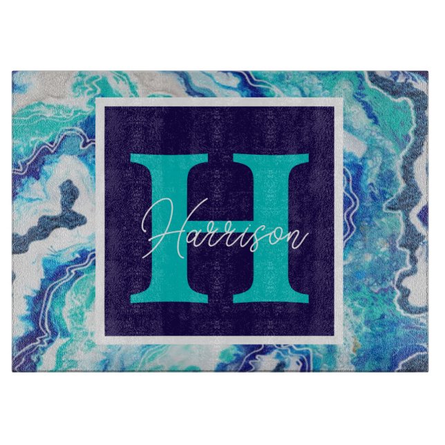 Türkis und Blauer Marmor Personalisiert Schneidebrett (Vorderseite)