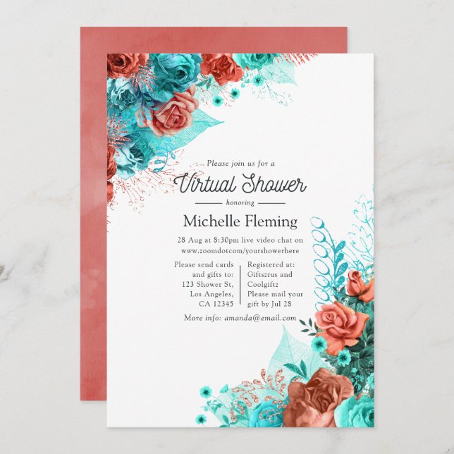 Türkis und Coral Floral Virtual Baby Dusche Einladung (Vorne/Hinten)